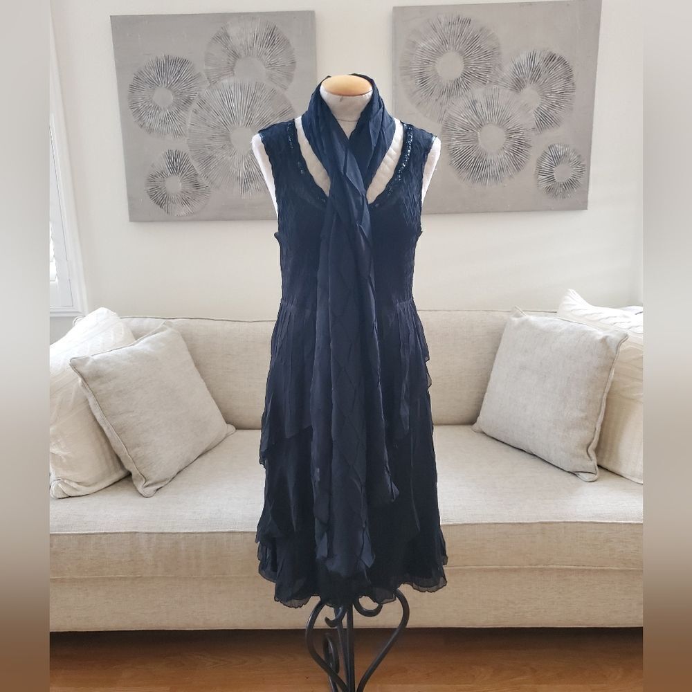 🎇 KOMAROV🎇 Beaded Neck Layered Cocktail Dress + Scarf - [size Large, Black]